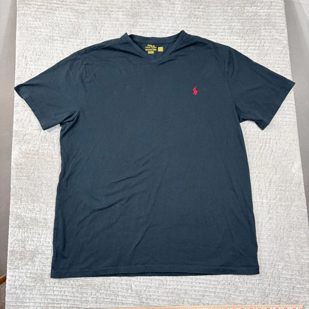 Polo Ralph Lauren Mens XLT Black V-Neck T-Shirt Red Pony Cotton Short Sleeve Tee